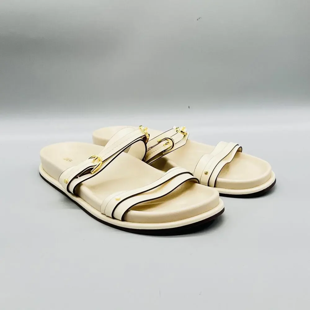 Zara Sandals Womens 9 Off White Synthetic Strappy Buckle Slide Flat Shoes